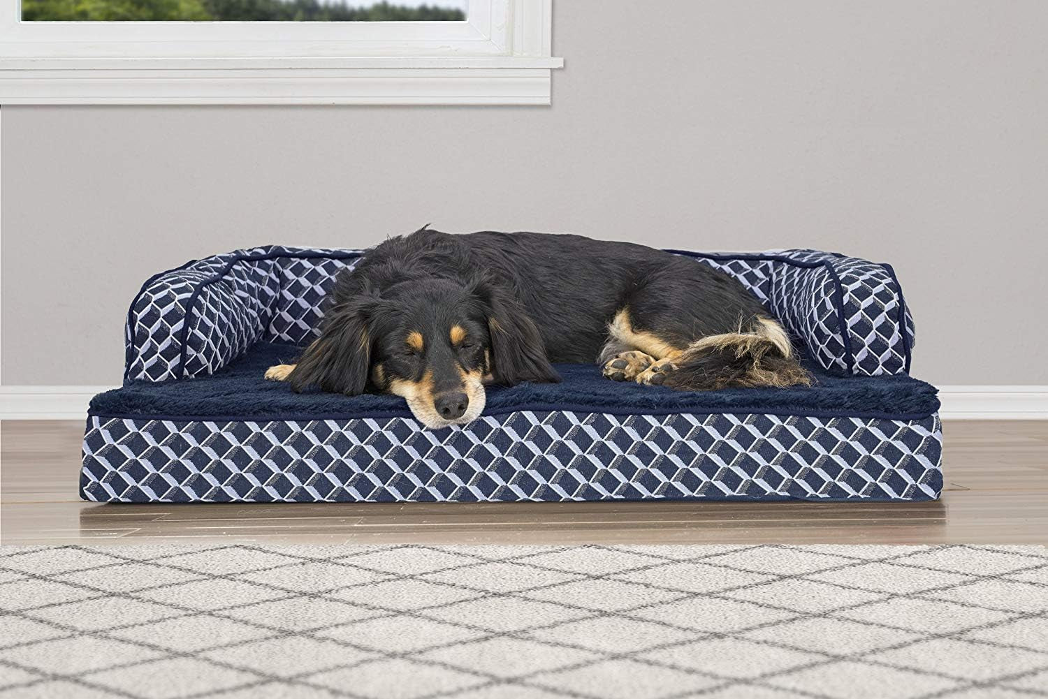 Luxurious Orthopedic Dog Bed with Removable Bolsters & Washable Cover - Perfect for Medium Dogs Up to 35 lbs - Cozy Diamond Blue Sofa Style